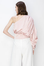 Pink Blush Satin One Shoulder Shirring Blouse Top