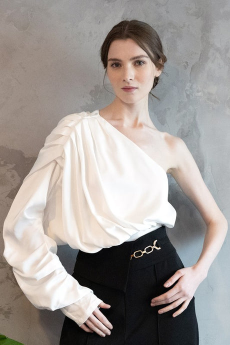 White Satin One Shoulder Shirring Blouse Top