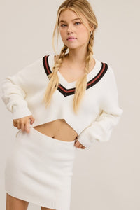 Ivory Preppy Two-Piece Contrast Stripe Knit Set