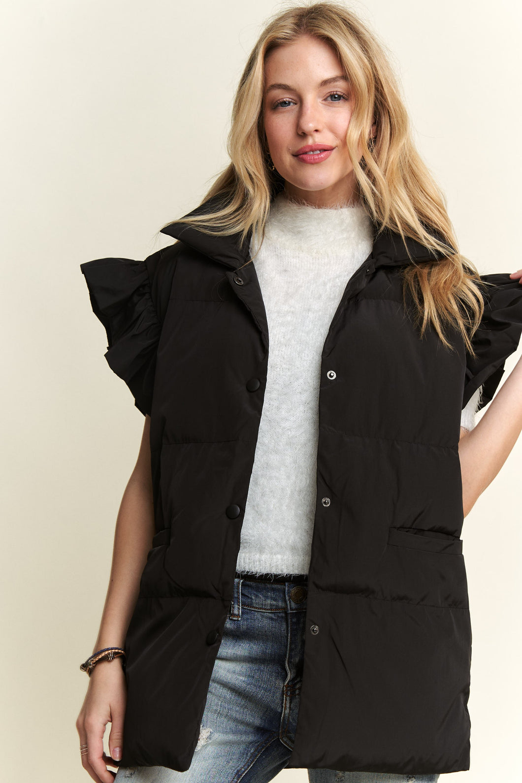 Black Ruffle Sleeve Down Vest