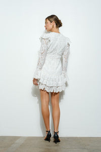 White Lace Ruffled Long Sleeve Tiered Mini Dress