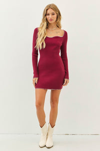 Burgundy/Cream Sweetheart Contrast Stitch Sweater Bodycon Dress