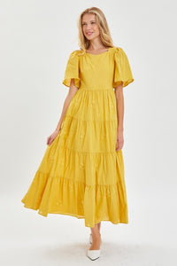Yellow  Modest Embroidery Flutter Sleeve Dress