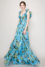 Blue Organza Ruffle Shoulders Floral Tulle Maxi Dress