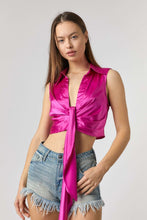 Magenta Satin Sleeveless Ruched Center Button Crop Top