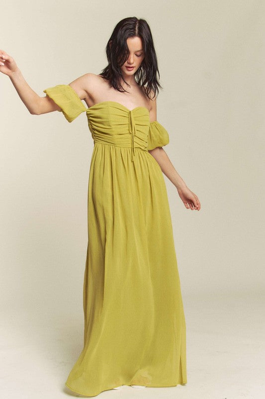 Kiwi Ruched Chest Off Shoulder Chiffon Maxi Dress