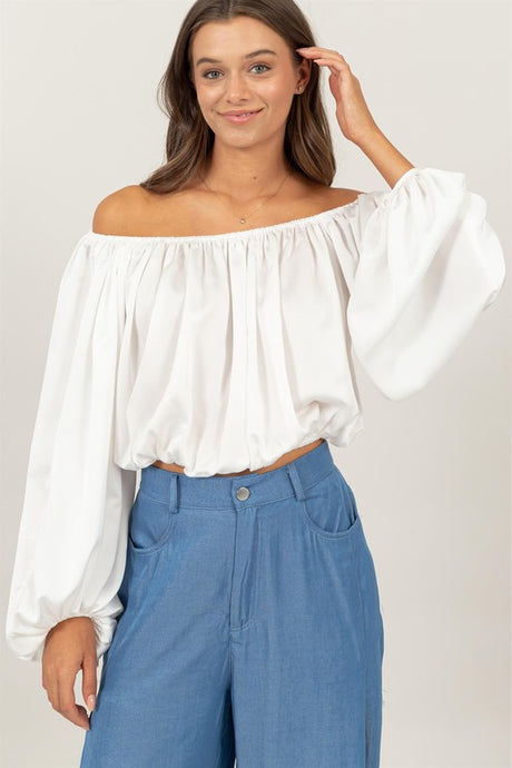 Off White Off-Shoulder Satin Balloon Sleeve Top