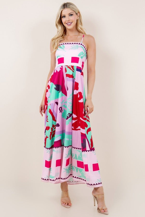 Pink Printed High Waist Strap Dress