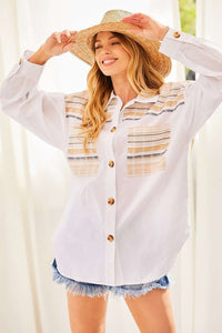 White Contrast Boho Print Oversized Shirts Top