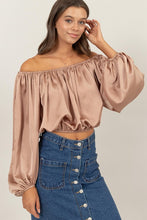 Taupe Off-Shoulder Satin Balloon Sleeve Top