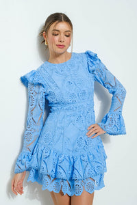 Skyblue Lace Ruffled Long Sleeve Tiered Mini Dress