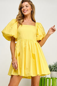 Yellow Puffled Balloon Sleeve Tie Back Dress