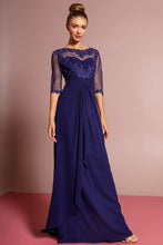 Navy Chiffon Long Dress With Sheer Sleeve And Back