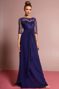 Navy Chiffon Long Dress With Sheer Sleeve And Back