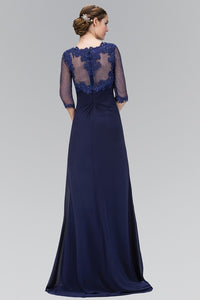 Navy Chiffon Long Dress With Sheer Sleeve And Back