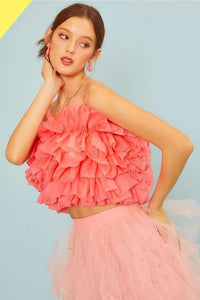 Coral Side Zipper Tier Ruffle Tube Top