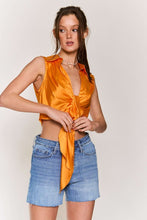 Orange Satin Sleeveless Ruched Center Button Crop Top