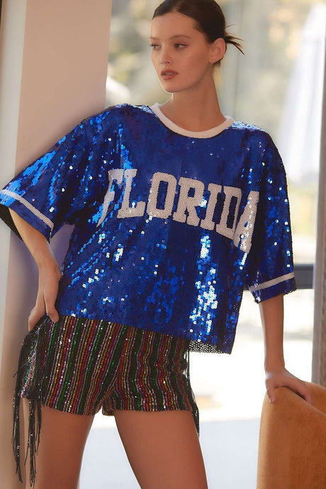 Blue/White Game Day Sequin Crop Top