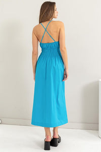 Aqua Poplin Backless Midi Dress