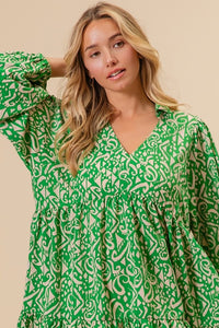 Green/Cream Woven Printed Dress With Side Pocket