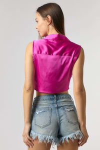 Magenta Satin Sleeveless Ruched Center Button Crop Top