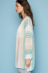 Ivory Multi Straight Long Sleeve Stripe Solid Open Cardigan