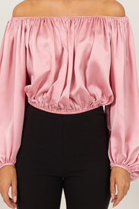 Pink Off-Shoulder Satin Balloon Sleeve Top