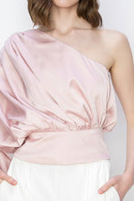 Pink Blush Satin One Shoulder Shirring Blouse Top