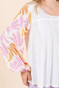 Ivory Combo Tropical Leaf Print Contrast Long Sleeve Top