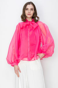 Barbie Pink Sheer Organza Bow Long Sleeve Blouse Top