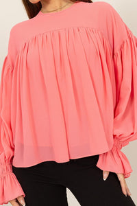 Sugar Coral Flowy Blouse With Gathered Cuffs