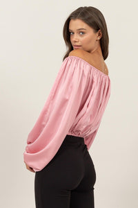 Pink Off-Shoulder Satin Balloon Sleeve Top