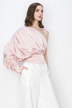 Pink Blush Satin One Shoulder Shirring Blouse Top