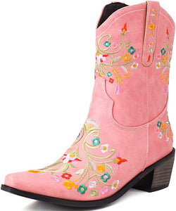 Pink Embroidered Chunky Heel Boots