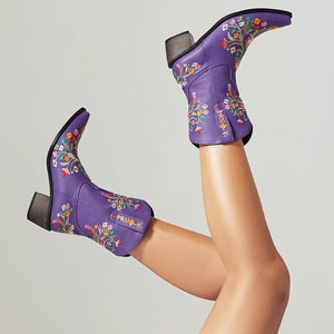 Purple Embroidered Chunky Heel Boots