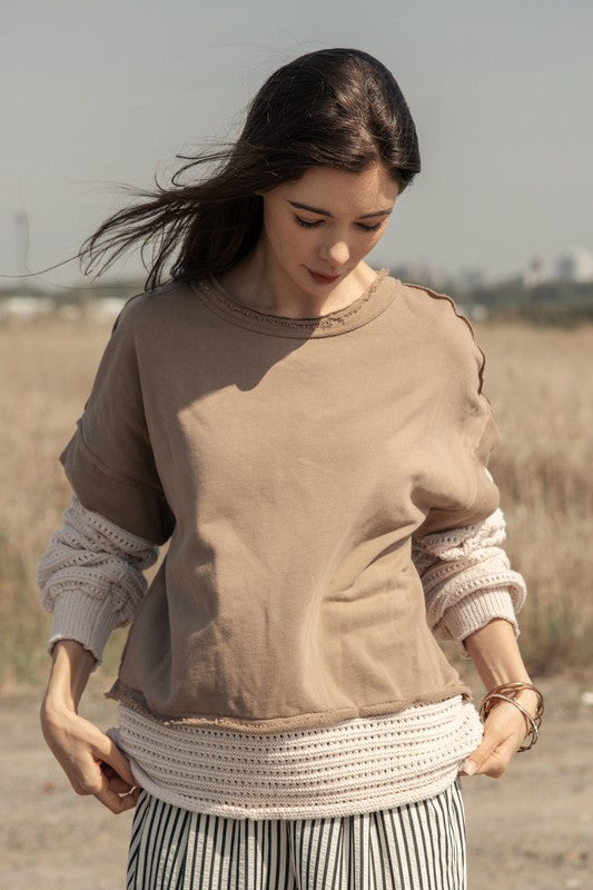 Beige Washed Layered Knit Sweater