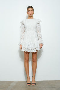 White Lace Ruffled Long Sleeve Tiered Mini Dress