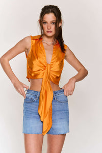 Orange Satin Sleeveless Ruched Center Button Crop Top