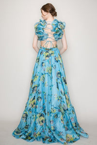 Blue Organza Ruffle Shoulders Floral Tulle Maxi Dress