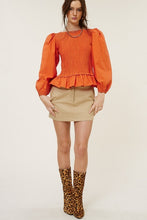 Orange Ruched Peplum Hem Blouse With Puff Sleeves