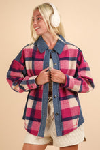 Pink Mix Textured Denim Contrast Plaid Shacket Jacket