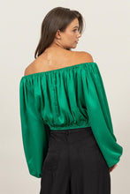 Green Off-Shoulder Satin Balloon Sleeve Top