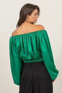 Green Off-Shoulder Satin Balloon Sleeve Top