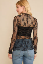 Black Mesh Lace High Neck Design Long Sleeve Fitted Top