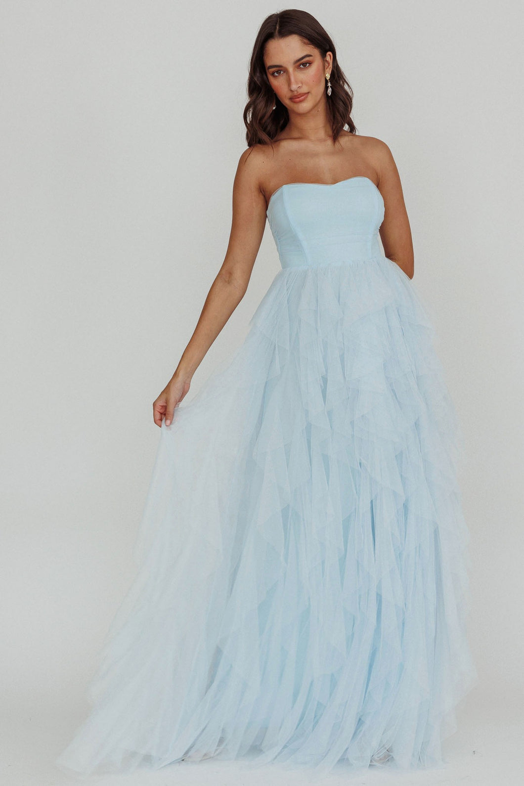 Blue Strapless Tulle Maxi Dress