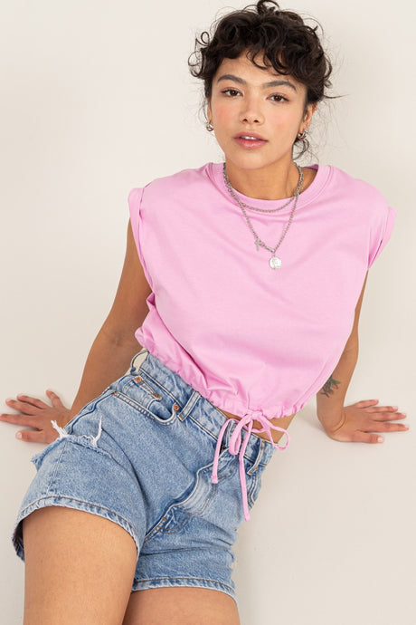 Pink Drawstring Hem Crop Top