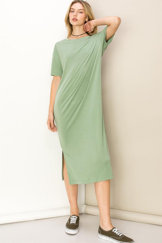 Matte Olive Take A Stroll Side Slit T-Shirt Midi Dress