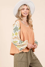 Ginger Combo Tropical Leaf Print Contrast Long Sleeve Top