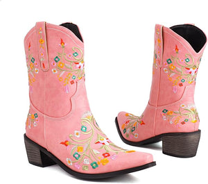 Pink Embroidered Chunky Heel Boots