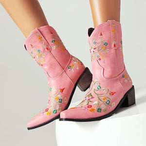 Pink Embroidered Chunky Heel Boots